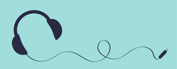 電話のスピーカー コードケーブルプラグ付きブラックヘッドフォンイヤフォン 音楽バナーテンプレート ヘッドセットのアイコン グリーティングカード フラットデザイン 青の背景 隔離されてる ベクターイラスト — ストックベクタ