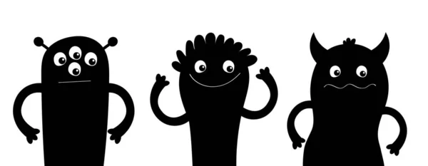 Feliz Halloween Monster Icon Set Line Banner Inglés Kawaii Lindo Ilustración De Stock