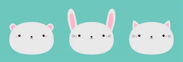 小白熊小兔子 小猫咪 小猫咪图标设置 圆脸头 可爱的卡瓦伊动物 卡通人物有趣的婴儿角色 孩子们打印海报 T恤布 平面设计 绿色背景 — 图库矢量图片
