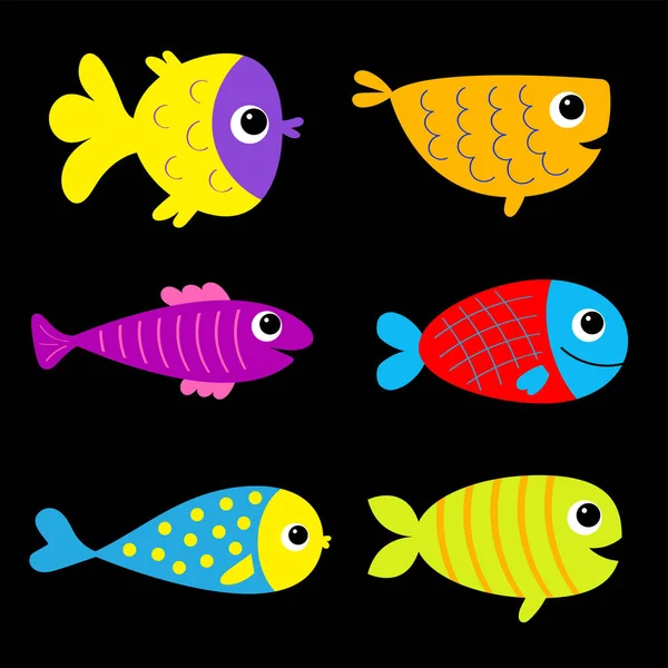 鱼图标设置 可爱的卡瓦卡通人物有趣的婴儿角色 海洋生物 多彩的水族馆海洋动物 更粘稠的指纹孩子们的收藏黑色背景 孤立无援平面设计 矢量说明 — 图库矢量图片