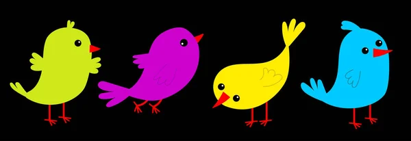 鸟集图标线 可爱的卡通卡瓦有趣的婴儿角色 鸟类采集 装饰元素 平面设计 黑色背景 孤立无援矢量说明 — 图库矢量图片