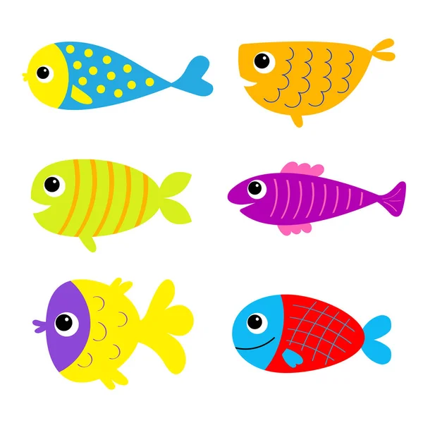 鱼图标设置 可爱的卡瓦卡通人物有趣的婴儿角色 海洋生物 多彩的水族馆海洋动物 更粘稠的指纹孩子们的收藏孤立无援白色背景 平面设计 矢量说明 — 图库矢量图片