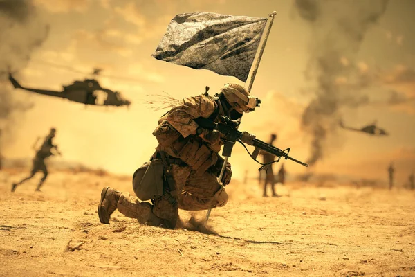 A military soldier falls to the ground with a bullet in battlefield But the White Flag (Peace Flag) is still raised