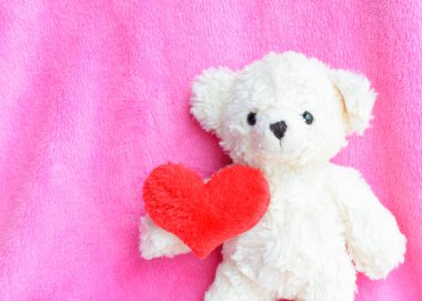 Oyuncak ayıyla romantik pembe arka planda kırmızı kalbi tutan
