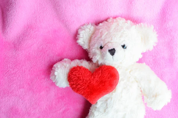 Único Urso Pelúcia Coração Vermelho Fundos Rosa — Fotografia de Stock