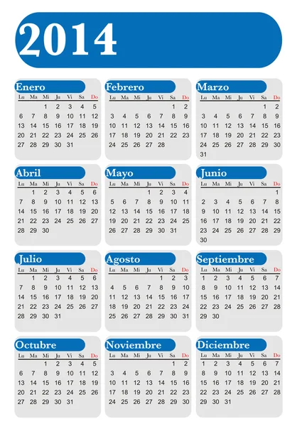 Calendario del año 2014 en español, azul y blanco, vector — Archivo Imágenes Vectoriales