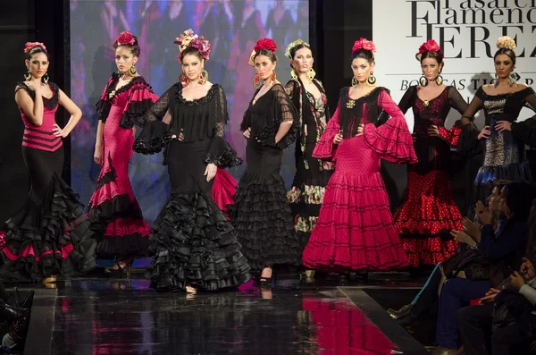 Jerez, İspanya - 9 Şubat 2014: modelleri pasarela flamenca jerez 2014 sırasında walk