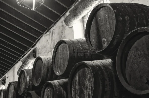 Wine barrels in black and white