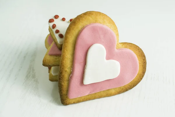 Handgjorda Cookies Med Hjärta Form Vitt Trä Stockbild