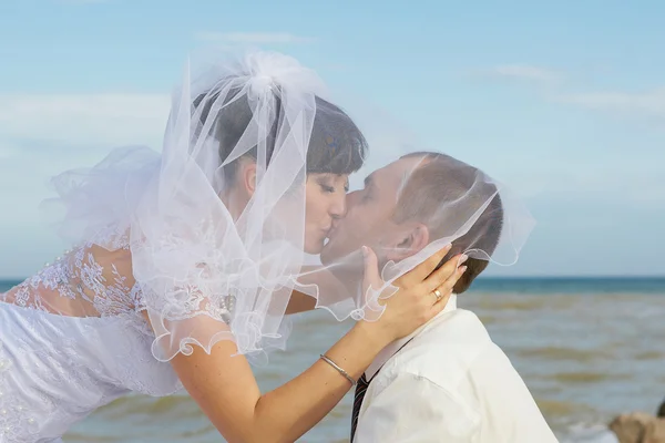 Bride and groom gentle kiss — Stock Photo, Image