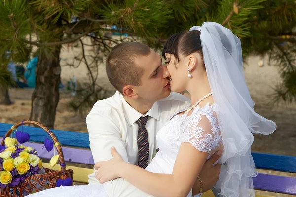 Nevěsta a ženich něžný polibek — Stock fotografie