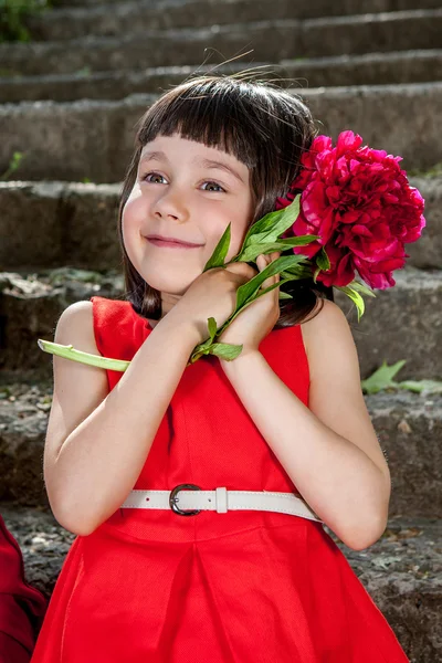 Charming little girl in a red dress — Stock Photo, Image