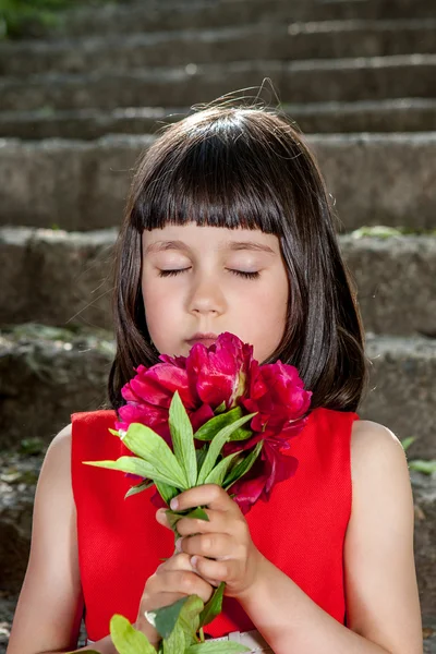 Kırmızı bir elbise, sevimli küçük kız — Stok fotoğraf