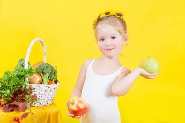 Beautiful Little Happy Girl Basket Vegetables Fruits Yellow Background Happy — Stock Photo, Image