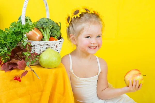 Beautiful Little Happy Girl Basket Vegetables Fruits — Stock Photo, Image