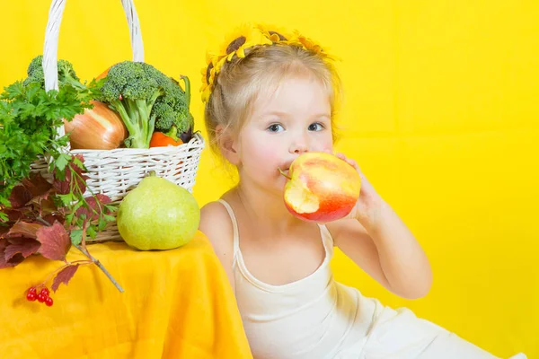 Beautiful Little Happy Girl Basket Vegetables Fruits — Stock Photo, Image