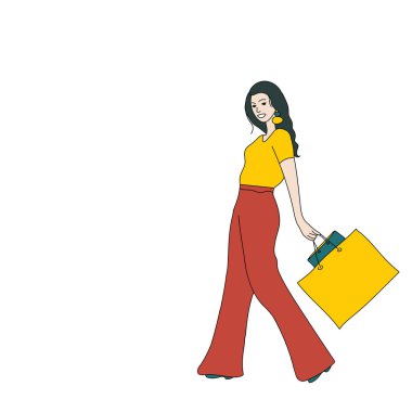 İllüstrasyon. Mutlu kız alışverişle gider.. 