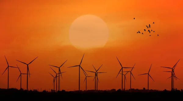 Wind Turbines Plant Electric Power Production Silhouette Sunset Clean Energy — Stock Photo, Image