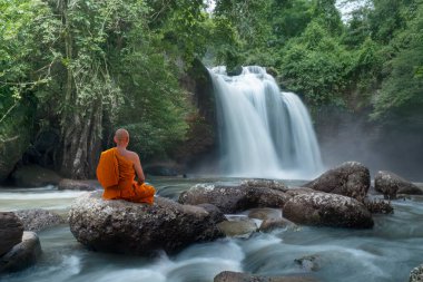 Buda keşişi yağmur ormanlarındaki şelalede meditasyon yapıyor.