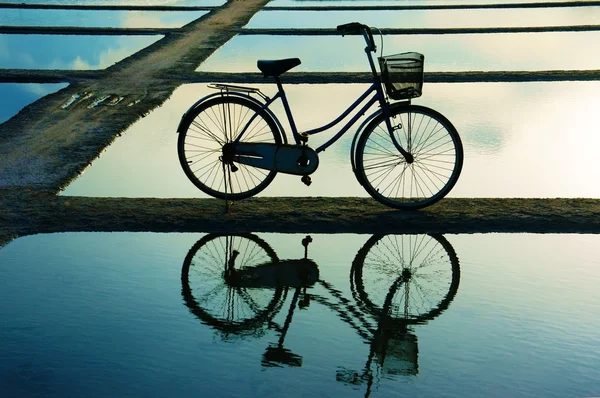 Refecto de la bicicleta en la superficie del agua al atardecer —  Fotos de Stock