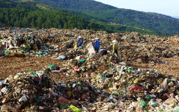 Menschen sammeln Müll auf Mülldeponie ein — Stockfoto