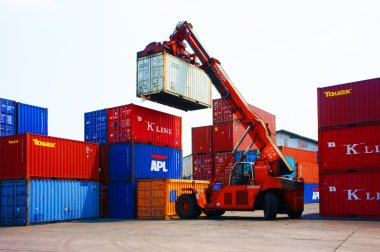 Forklift truck crane container at Vietnam freight depot clipart