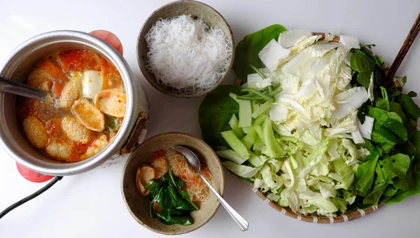 Vista Dall Alto Cibo Vegano Vietnamita Verdure Verdi Pentola Calda — Foto Stock