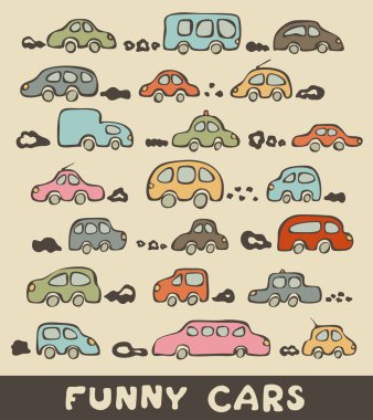 Set of hand drawn funny cars in color clipart