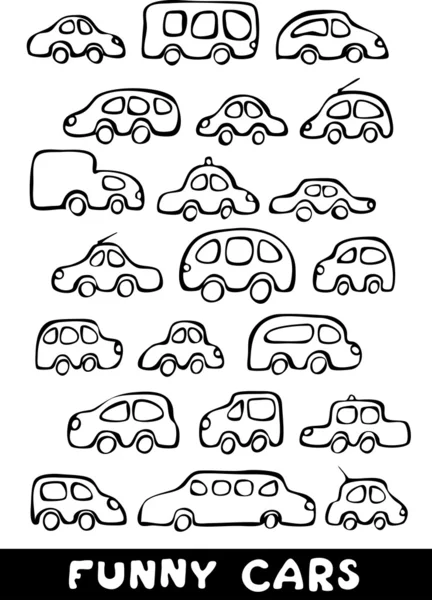 Conjunto de coches divertidos dibujados a mano en blanco y negro — Vector de stock