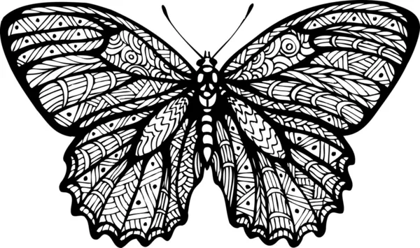 Butterfly, graphic style, hand drawn, black and white isolated vector illustration — Stock Vector