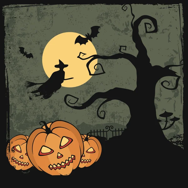 Halloween card with spooky pumpkins, creepy tree, witch, bats and the moon — Stock Vector