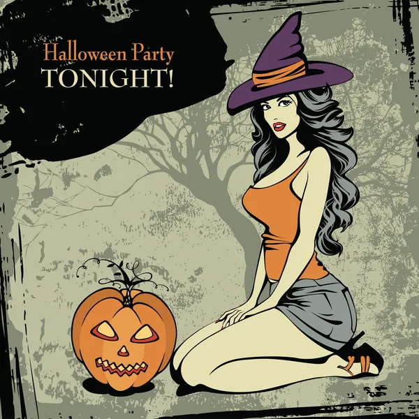 Tarjeta de Halloween con una bruja sexy y una calabaza espeluznante — Vector de stock