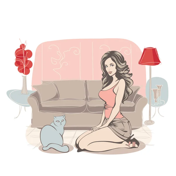 Home interior with lady and cat — Stock Vector