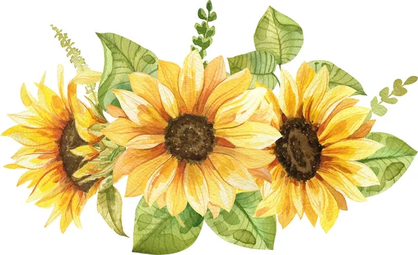 Slunečnice Kytice Akvarel Ručně Malované Složení Stock Fotografie
