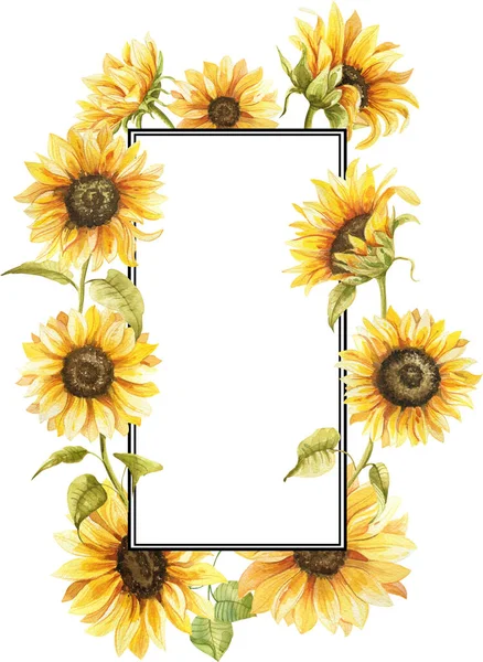 Akvarelový Rám Slunečnicovou Ručně Malovanou Ilustrací Ideální Pro Svatební Pozvání Stock Fotografie