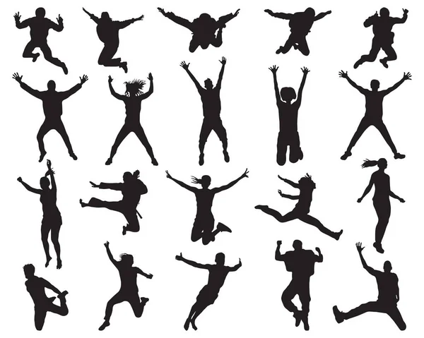 Black Silhouettes Jumping People White Background — Stock Vector