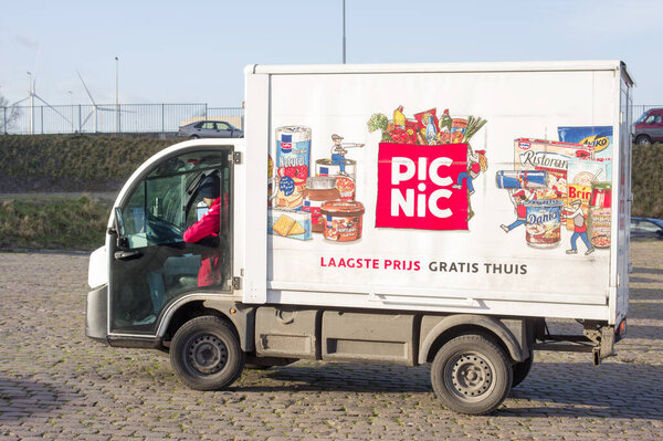 Nijmegen, Netherlands - February 2, 2022: Picnic van on the street. Picnic is a online dutch suprmarket