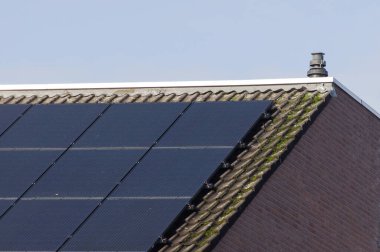 Hollanda 'da elektrik üretimi için kahverengi çatıdaki güneş panelleri