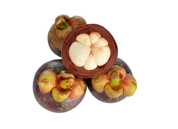 Mangosteen and cross section showing the thick purple skin — Stock Photo, Image