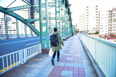 Tokyo, Japonya 25 Kasım 2018 Tokyo 'daki Sumida Köprüsü' nde güneş parlıyor. Tokyo sokaklarında parlıyor