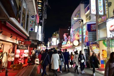 Tokyo, Japonya 21 Kasım 2018 Tanımlanamayan Görüntü Japon halkının Tokyo 'ya gece yolculuğu. Tokyo 'daki binalar.