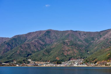 Yakisaki parkındaki Kawaguchiko gölünde sonbahar yaprakları. Fujisan dağı..