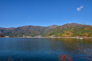Yakisaki parkındaki Kawaguchiko gölünde sonbahar yaprakları. Fujisan dağı..