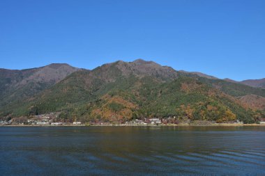 Yakisaki parkındaki Kawaguchiko gölünde sonbahar yaprakları. Fujisan dağı..