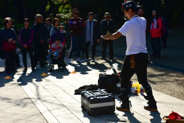 Tokyo, Japonya 27 Kasım 2018 Kimliği belirsiz birçok insan Ueno parkında yürüyor ve bahçedeki sonbahar ağacını izliyor. .