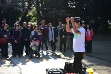 Tokyo, Japonya 27 Kasım 2018 Kimliği belirsiz birçok insan Ueno parkında yürüyor ve bahçedeki sonbahar ağacını izliyor. .