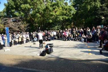 Tokyo, Japonya 27 Kasım 2018 Kimliği belirsiz birçok insan Ueno parkında yürüyor ve bahçedeki sonbahar ağacını izliyor. .