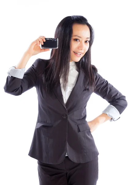 Menina asiática atraente posando no fundo branco — Fotografia de Stock