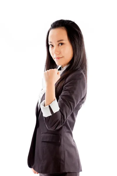 Menina asiática atraente posando no fundo branco — Fotografia de Stock