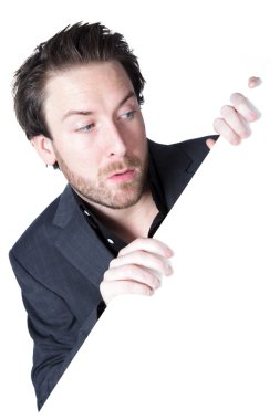 büyük beyaz boş tutan ve düşünceli seyir çekici beyaz iş adamı